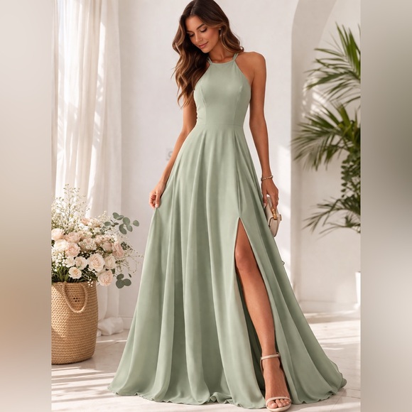Lulus Dresses & Skirts - Lulus Sage Green Halter Maxi Dress w/ Slit | XL | Like New
